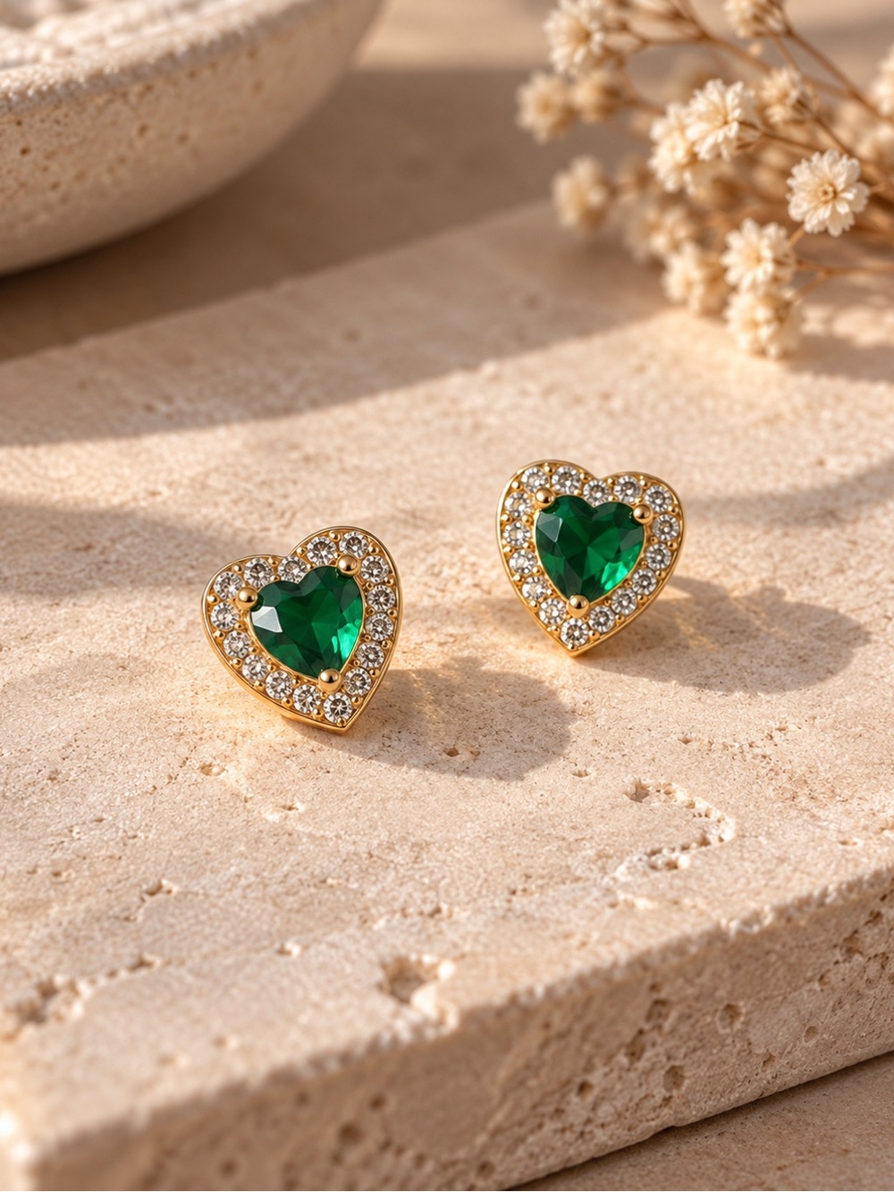 NWOT 14K Gold-Plated Sterling Silver Emerald Green Heart Halo Stud Earrings
